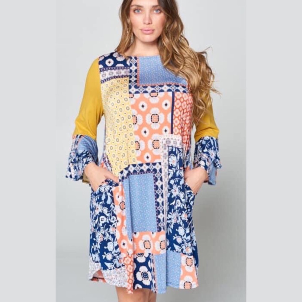 Gorgeous Patchwork-Print Dress with Bell Sleeves